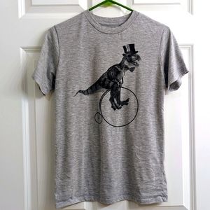 F21 T-Rex riding old fashioned bicycle with a top hat and bowtie size boys XL